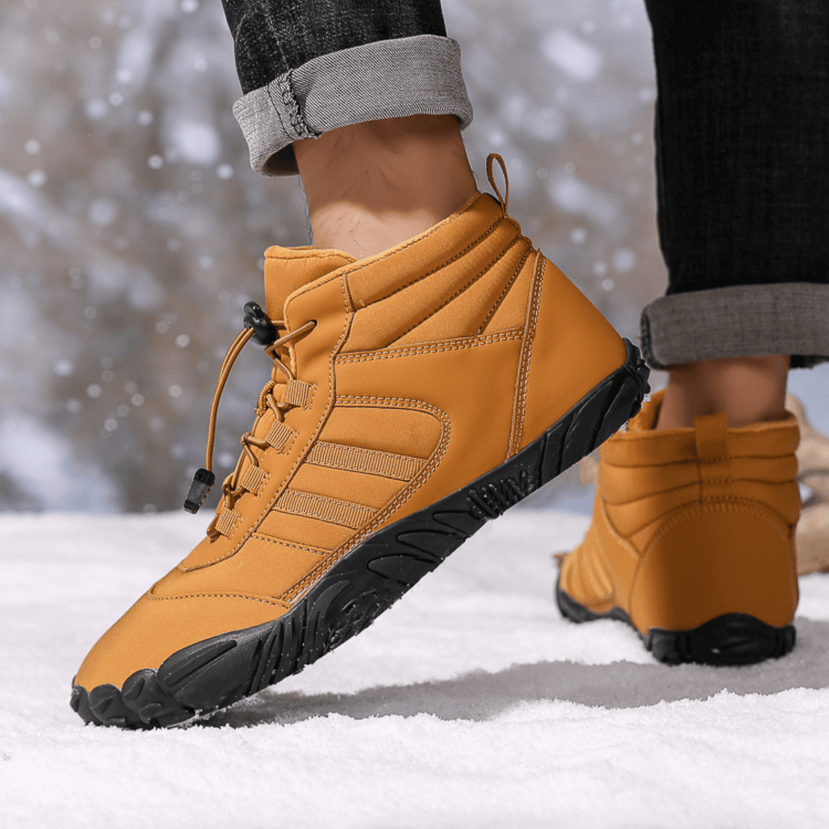 Winter Pro Barfußschuh in Goldgelb beim Gehen im Schnee