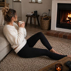 Thermo-Leggings in Schwarz, getragen am Kamin