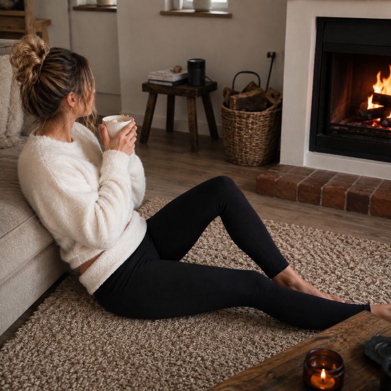 Thermo-Leggings in Schwarz, getragen am Kamin
