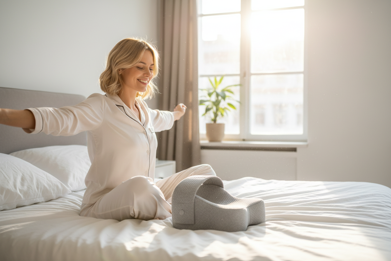 Person am Morgen mit Kniekissen auf dem Bett