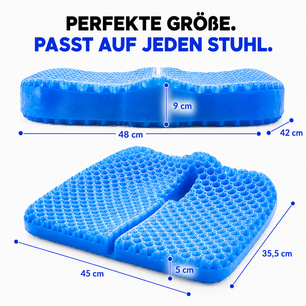 Maßgrafik des Waben-Gel-Sitzkissens: Standard 45 x 35,5 x 5 cm und Plus 48 x 42 x 9 cm