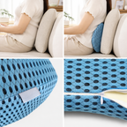 Detailansicht des Reißverschlusses und Memory-Foam-Kerns des Lendenstützkissens in Blau
