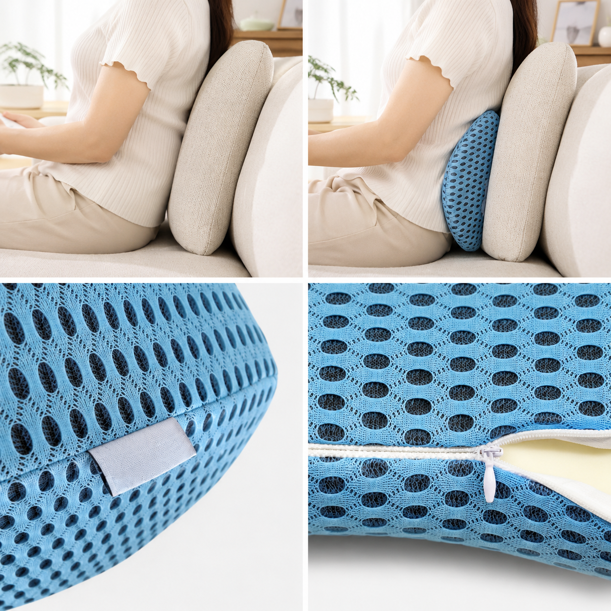 Detailansicht des Reißverschlusses und Memory-Foam-Kerns des Lendenstützkissens in Blau