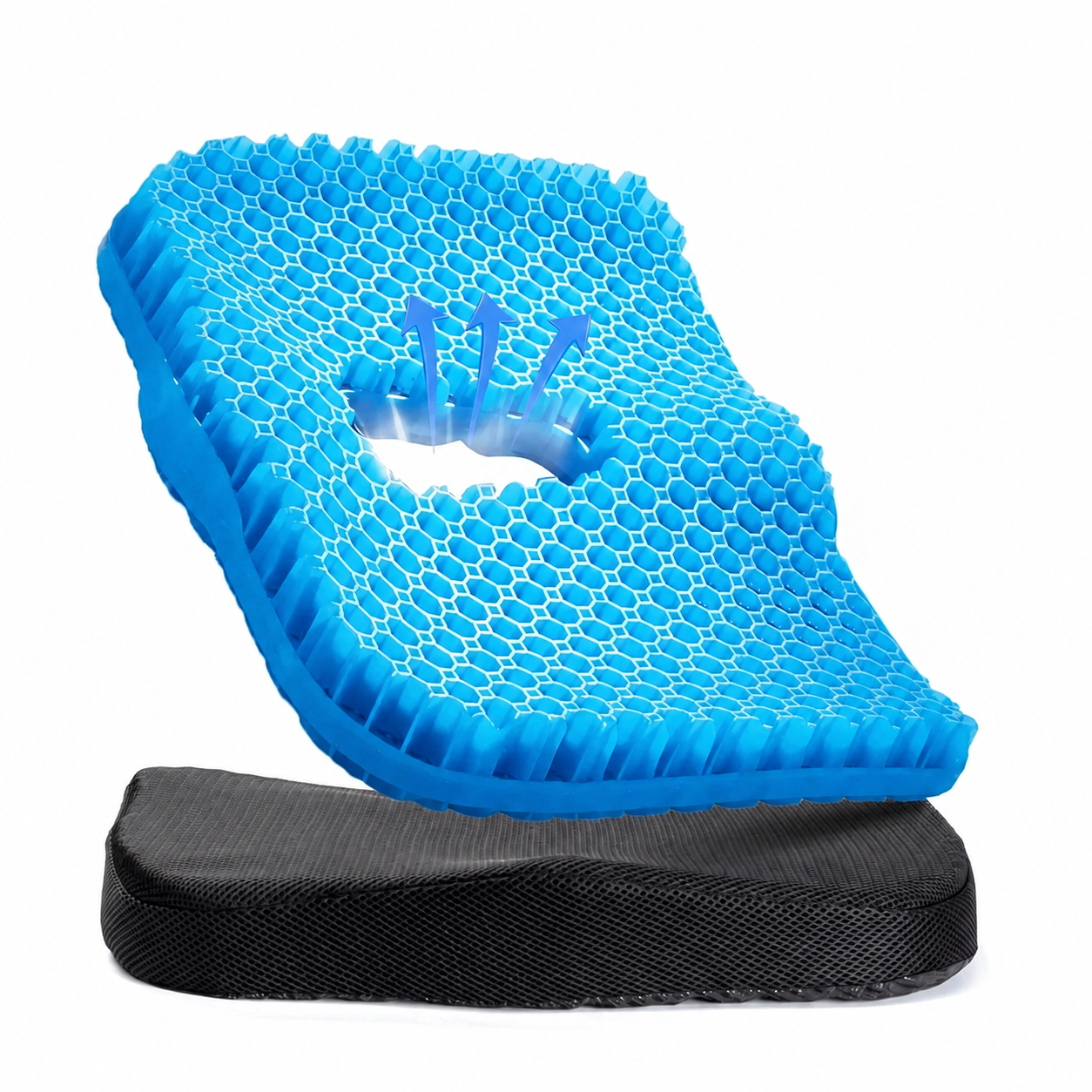 Waben-Gel-Sitzkissen mit sichtbarer Gel-Wabenstruktur und Mesh-Bezug